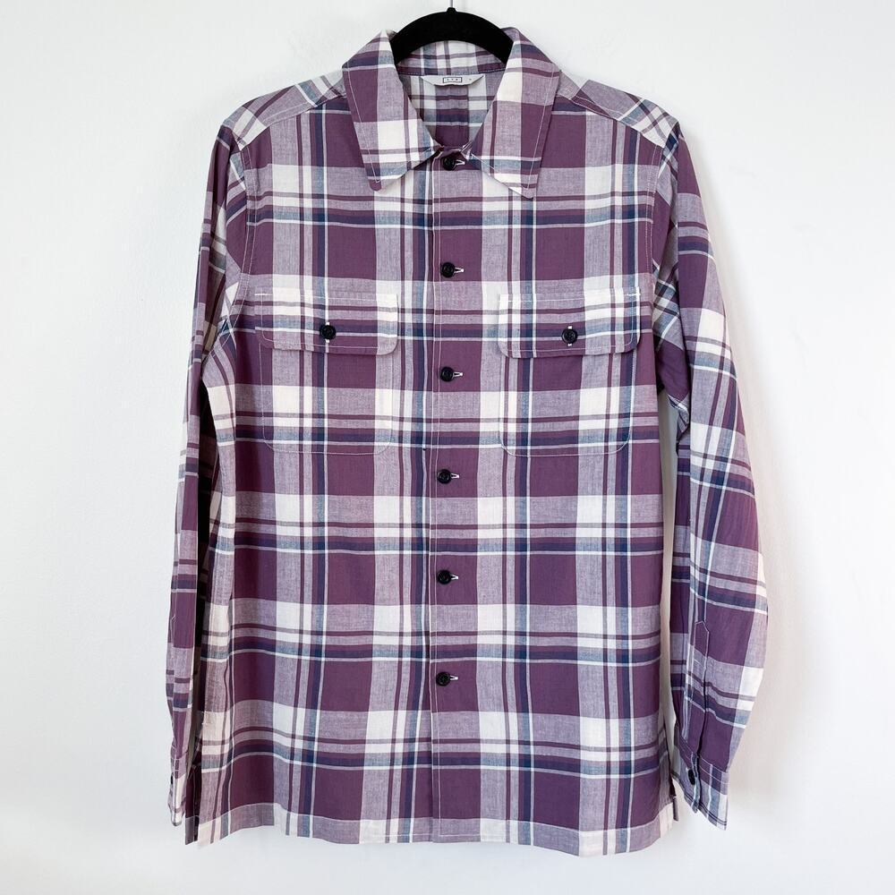 NEW AYR The Captain Shirt Madras Purple Rain Button up Front Pockets Plaid Small